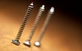 Close up of three long neck standing screws on wooden background