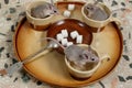 Close-up three mice on a round tray with empty coffee cups and plate of sugar .