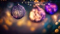 a close up of three ornaments hanging from a tree with lights in the background