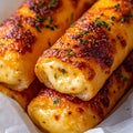 A close up of three pieces of bread covered in cheese and herbs Royalty Free Stock Photo