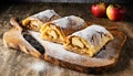 Three Slices of Apple Strudel on a Wooden Cutting Board - Generative Ai