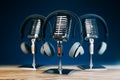 Close up of three steel vintage singing vocal microphones on wooden surface and blue background.