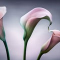 Close-up of three watercolored pink calla lilies\' corollas on a light gray background