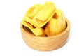 Closeup of three yellow jackfruit on woodwn cup white background Royalty Free Stock Photo