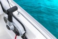 Close up throttle lever on motor boat or central gear on luxury fishing boat. Boat steering gear close up.