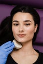 Close-up thyroid ultrasound for girl for diagnosis of tumors, cysts or goiters of the thyroid in medical clinic. Royalty Free Stock Photo