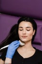 Close-up thyroid ultrasound for girl for diagnosis of tumors, cysts or goiters of the thyroid in medical clinic. Royalty Free Stock Photo