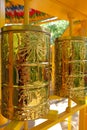 Close-up of Tibetan prayer wheels in Buddhist temple, Wei Tuo Fa Gong, on Pulau Ubin