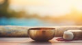 A close up of a tibetan singing bowl or himalayan bowl.