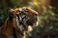 a close up of a tiger with its mouth open and it\'s eyes wide open, with trees in the background and sunlight shinin