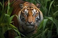 Close up of a tiger in the jungle - Panthera tigris altaica, A Bengal tiger stealthily stalking its prey in the dense jungle, AI Royalty Free Stock Photo