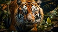 Close up of tiger laying down on the ground. Generative AI Royalty Free Stock Photo