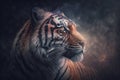 a close up of a tiger\'s face on a dark background with stars in the sky behind it and a blurry image of a tiger\'s head
