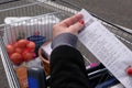 Close up of a till receipt from a French supermarket with a supermarket trolley full of purchases in the background
