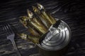 Close-up of Tinned capelin fish on wooden background Royalty Free Stock Photo
