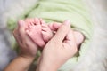 Close-up tiny baby feet in hands. Mother care of newborn baby. Royalty Free Stock Photo