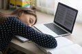 Close up tired young woman falling asleep at work desk Royalty Free Stock Photo