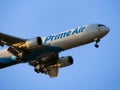A close up to an Amazon Prime Air plane taking off.
