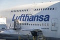 A close up to a Boeing 747-400 Lufthansa logo on an airplane, a large long-range wide-body Royalty Free Stock Photo