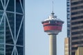 Close up to the Calgary Tower a free standing observation tower in the downtown core of