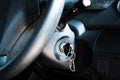 Close up to the car keys in the car to start the engine Royalty Free Stock Photo