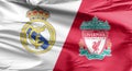 Close up to a flag of Real Madrid vs Liverpool, Champions League