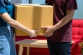 Close up to hand of young asian couple when they carrying big cardboard box while relocation into new home on moving day Royalty Free Stock Photo
