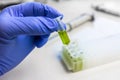 Close up to hands in blue gloves hold microtube with green liquid extract. Synthesis of new vaccine or drug against virus.