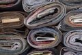 Close up to a lot of Upholstery samples rolled up with diferent colors Royalty Free Stock Photo