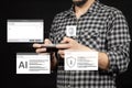 a man at the right side of the screen using a smartphone with an AI digital security interface Royalty Free Stock Photo