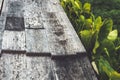 Close up to old dirty finger joint at end of wood sticks. Woodworking of zigzag at end of the pieces for splicing. Splicing wood.