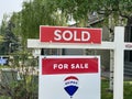 A close up to a REMAX real estate sign at a sold house during spring