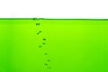 Close up to row of air bubble , green water on white background