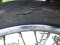 Close up to Torn tire of Motorcycle