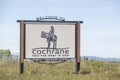 A close up to a welcome sign to a Cochrane town in the Calgary Metropolitan Region of Alberta