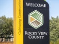 A close up to a welcome sign to Rocky View county a municipal district in southern Alberta,