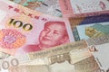 Close up to 100 Yuan of the People Republic of China between sudanese Pounds banknotes. 50 Pound banknotes of the African country Royalty Free Stock Photo