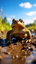 Close-up of a toad on muddy ground under a blue sky Royalty Free Stock Photo