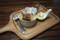 close up toast in a cup with icing sugar powdered on top, honey in a mug shot, put on wooden plate,wooden table,morning breakfast Royalty Free Stock Photo