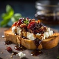 Close up of toast with feta cheese and sun dried tomatoes or sun dried plums with balsamic sauce on dark background. Tasty