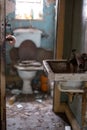 Close up of toilet in derelict house built in 1930s deco style. Rayners Lane, Harrow UK Royalty Free Stock Photo