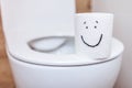 close-up of toilet paper with a painted happy face, on a toilet with an open lid Royalty Free Stock Photo