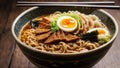 A close up of a Tokyo ramen bowl with a twirl of ramen, boiled egg and meat