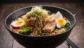 A close up of a Tokyo ramen bowl with a twirl of ramen, boiled egg and meat