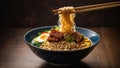 A close up of a Tokyo ramen bowl with a twirl of ramen, boiled egg and meat