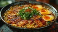 Close-up of tokyo ramen in a tradional bowl with half boiled eggs