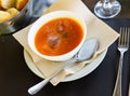 Close-up of tomato gazpacho soup in bowl topped with ice cubes Royalty Free Stock Photo