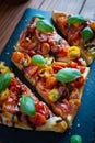 Close-up of tomato puff pastry tart