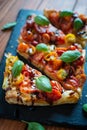 Close-up of tomato puff pastry tart