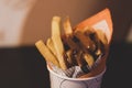 Close-up of tomato Spicy sauce and Fresh French fries, deep fried Homemade Baked potato chips with close-up of spicy sauce and Royalty Free Stock Photo